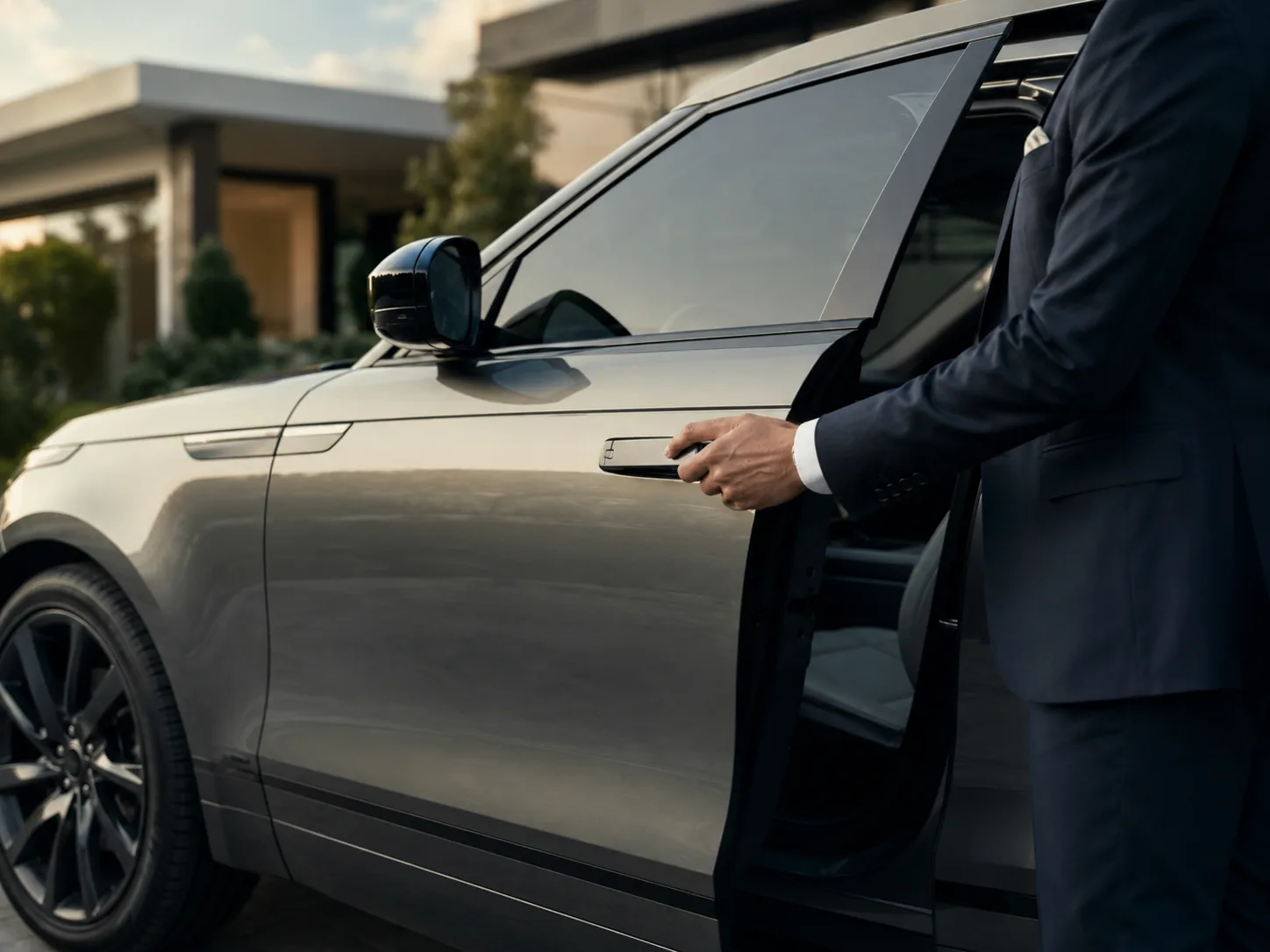 Executivo abrindo a porta de um Range Rover Velar da frota Alto