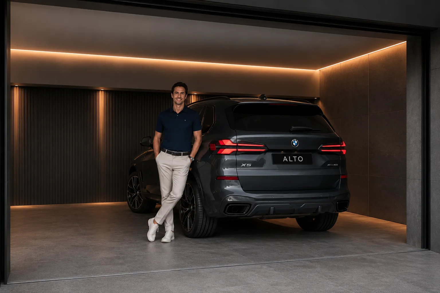 Empresário ao lado do BMW X5 com placa Alto, em garagem premium
